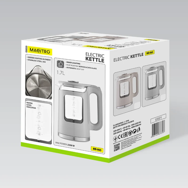 Maestro Glass Electric Kettle, 1.7 L capacity, 2200 W power, water level indicator, LED backlight, swivel base, beige, MR-065-BEIGE