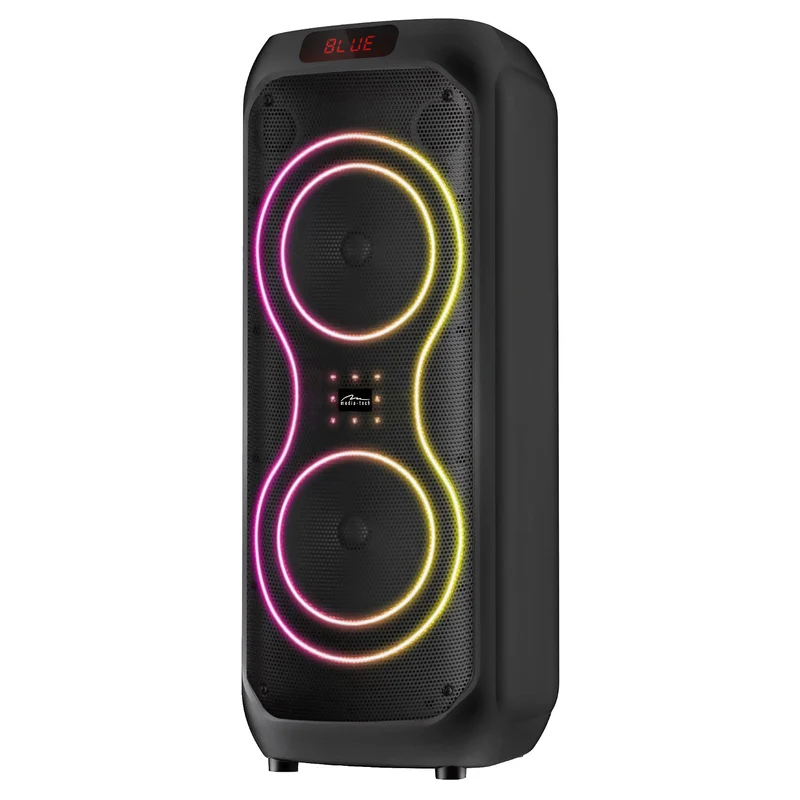 Large Bluetooth speaker, 120W RMS/1400W PMPO, two 8" speakers, equalizer, karaoke function, MP3/microSD cards, USB, AUX, BT 5.3+EDR, display, LED, built-in battery, remote control, MT3185