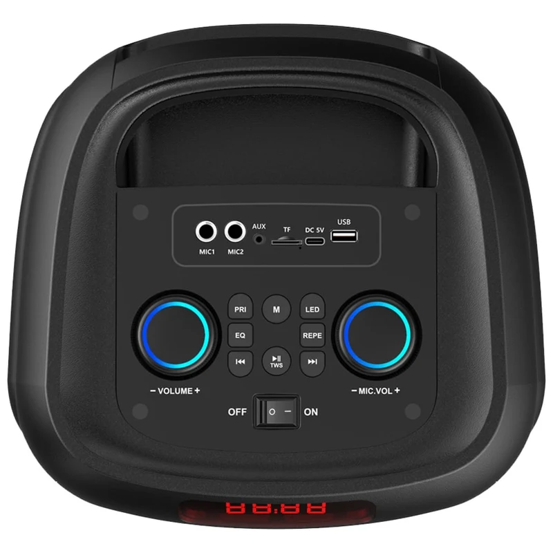 Large Bluetooth speaker, 120W RMS/1400W PMPO, two 8" speakers, equalizer, karaoke function, MP3/microSD cards, USB, AUX, BT 5.3+EDR, display, LED, built-in battery, remote control, MT3185