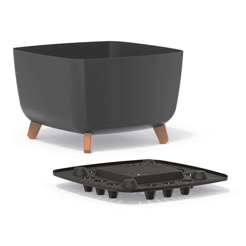 Prosperplast Gracia Low Square Flower Pot Planter with Removable Legs Liner Indoor Outdoor Plastic UV-Resistant 39x39 cm Anthracite Black
