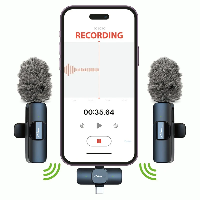 MICRO-MIC DUO - 2x wireless lapel microphone (set), clip-on, iOS & Android (OTG), mini, super-sensitive. USB-C & LIGHTNING, Mediatech