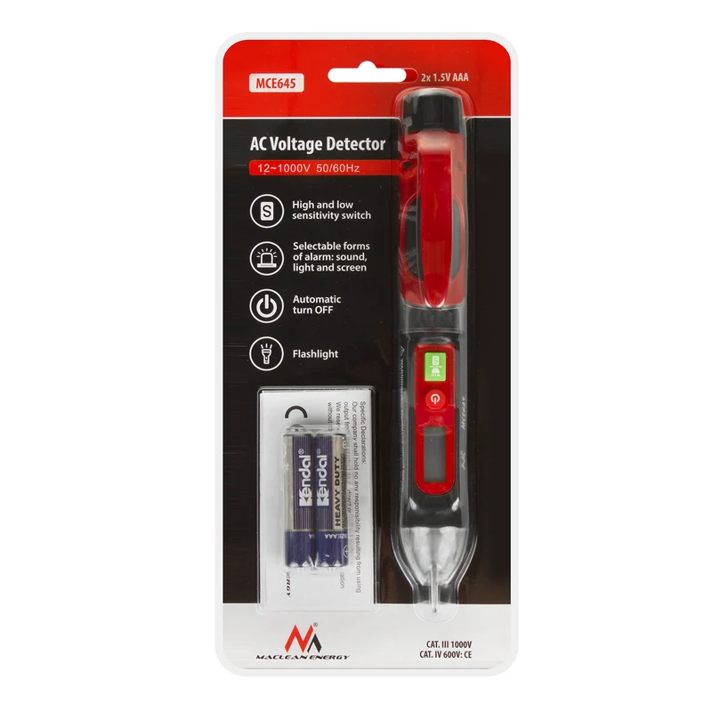 Maclean MCE645 Non-contact Maclean voltage detector, detector, backlit display, built-in flashlight, 12-1000V, MCE645