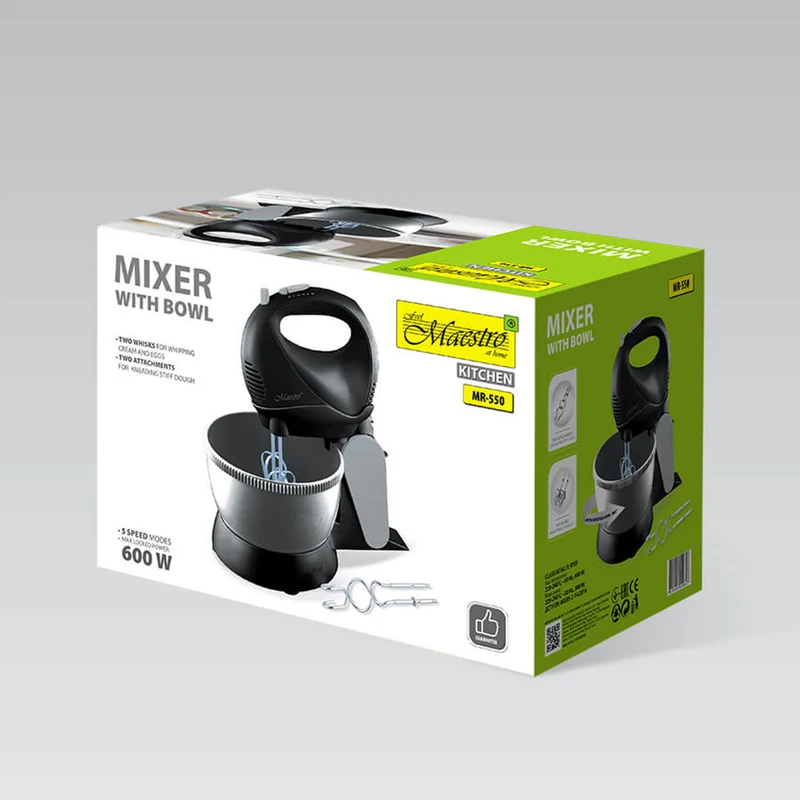 Maestro MR-550 Stand Kitchen Mixer Rotating Bowl 5 Speeds Turbo Mode 600W Black 2 Whisks Kneading Hooks