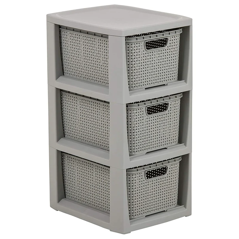 BranQ Rattan Rack with 3 Baskets Drawers with a Capacity of 7 Liters Storage Color Gray