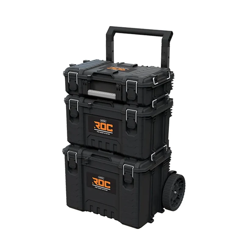 Set of 3 Keter ROC Pro Gear 2.0 tool chests, total capacity 110L, IP65 protection, removable telescoping handle, padlockable, 256982