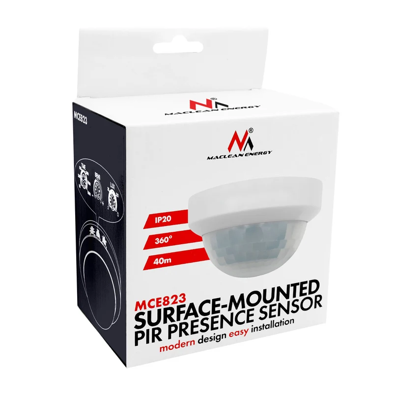 Maclean PIR Motion Sensor, Surface-Mount, Range 10x40m, 1000W/2000W, 220-240V AC, 50/60Hz, MCE823