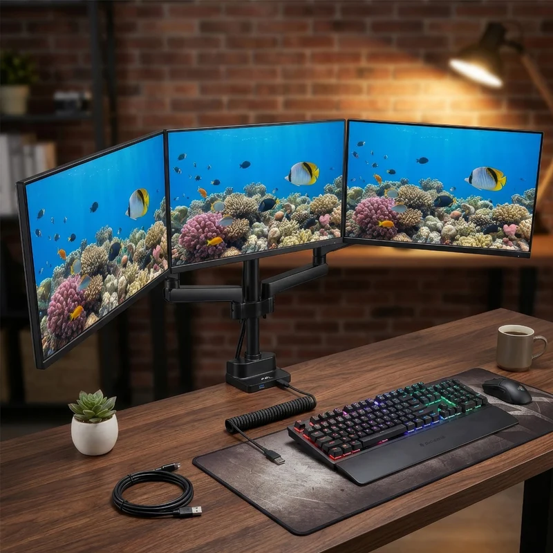 Maclean MC-811 Monitor Bracket Desk Mount Holder For 3 LCD LED Monitors USB 17'' - 27" 3 x 7kg VESA