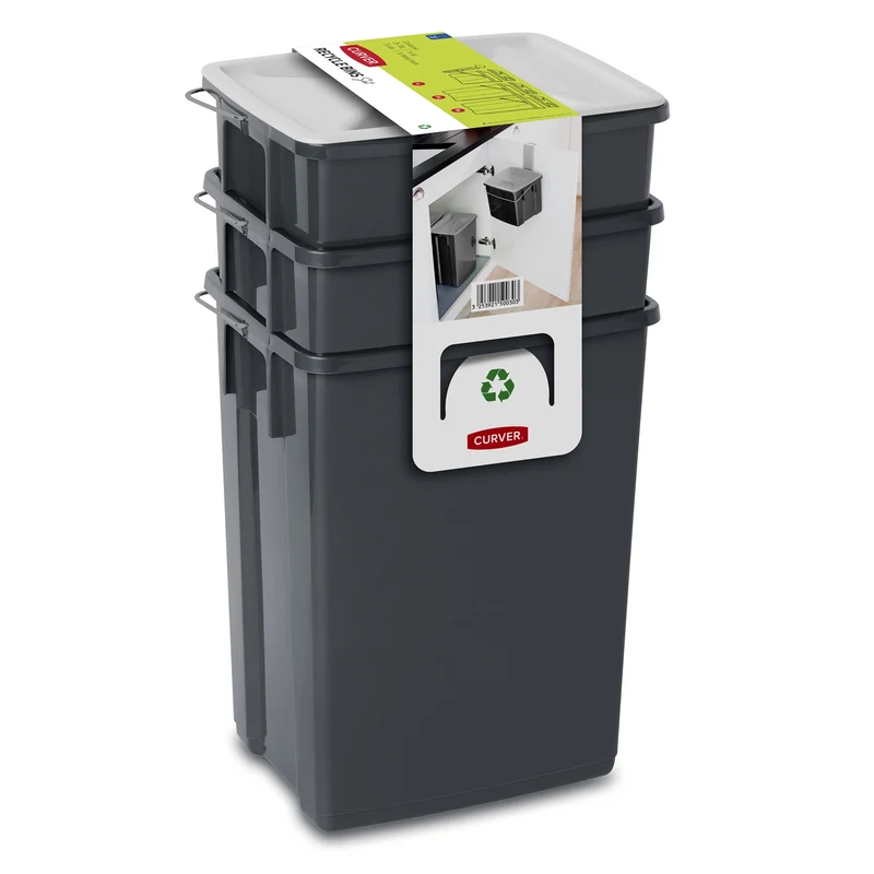Curver 245948 Waste Bin 3 PCS Sorting Recycling Recycle Trash Can Set 2 x 10L + 6L