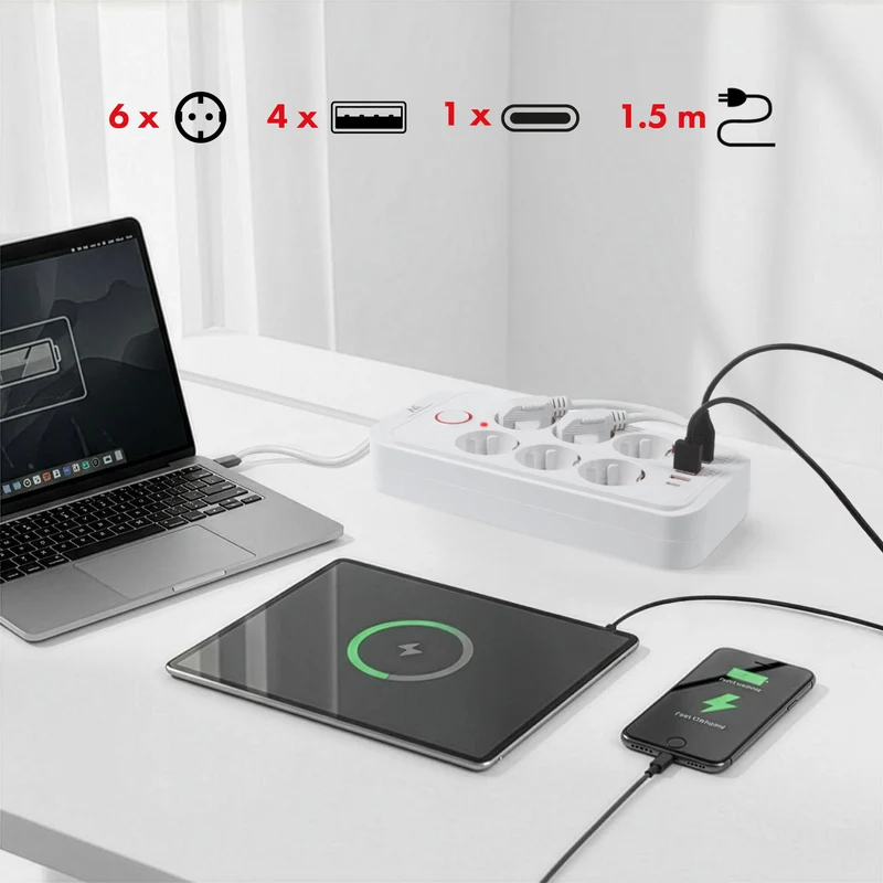 Maclean power strip, 6 socket extension + 4xUSB, 110-240V AC 50/60Hz, 2.1A max 2500W, 1.5 m, white, MCE389 W