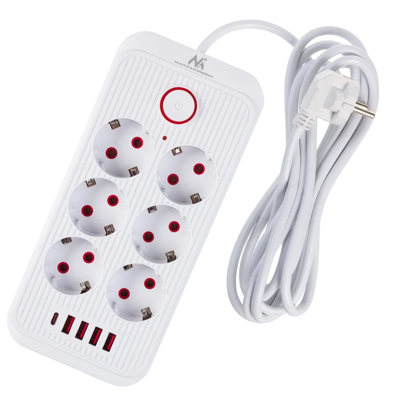 Maclean power strip, 6 socket extension + 4xUSB, 110-240V AC 50/60Hz, 2.1A max 2500W, 3m, white, MCE391 W