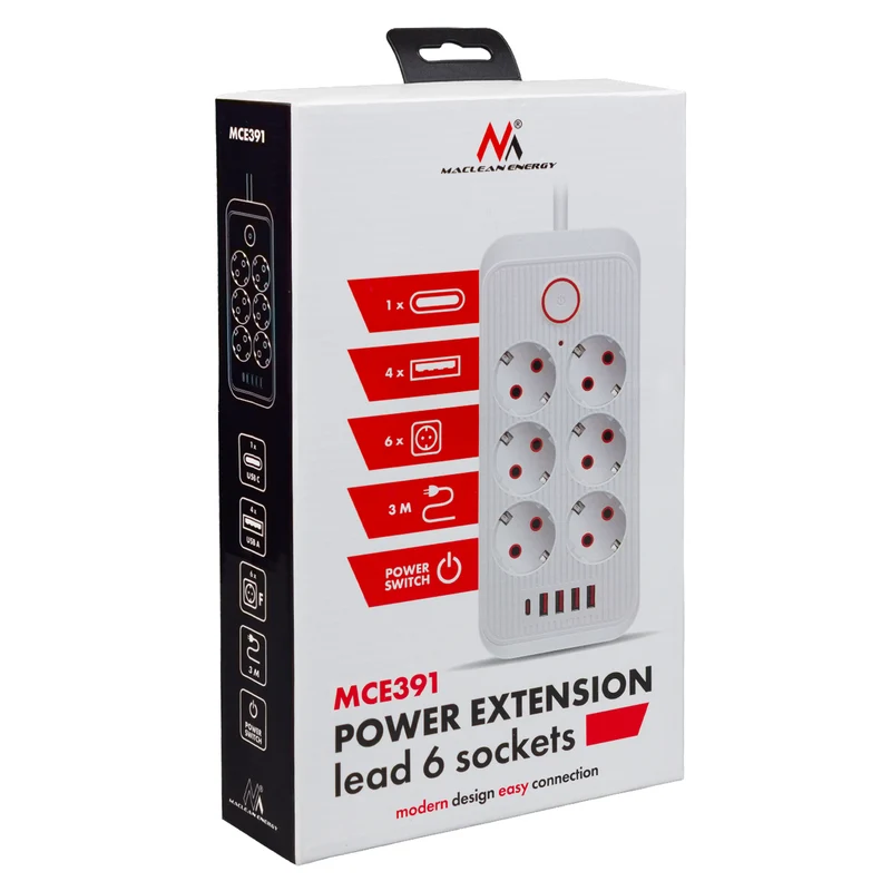Maclean power strip, 6 socket extension + 4xUSB, 110-240V AC 50/60Hz, 2.1A max 2500W, 3m, white, MCE391 W