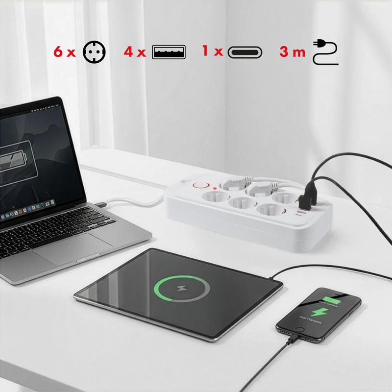Maclean power strip, 6 socket extension + 4xUSB, 110-240V AC 50/60Hz, 2.1A max 2500W, 3m, white, MCE391 W