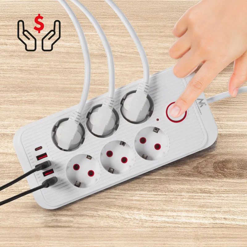 Maclean power strip, 6 socket extension + 4xUSB, 110-240V AC 50/60Hz, 2.1A max 2500W, 3m, white, MCE391 W