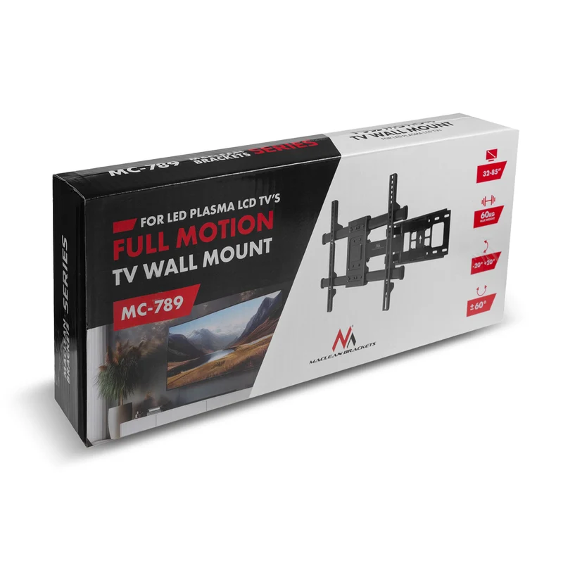 Maclean TV Mount, max VESA 600x400, 32-85", 60kg, horizontal and vertical angle adjustment, profile 65-390mm, black, MC-789