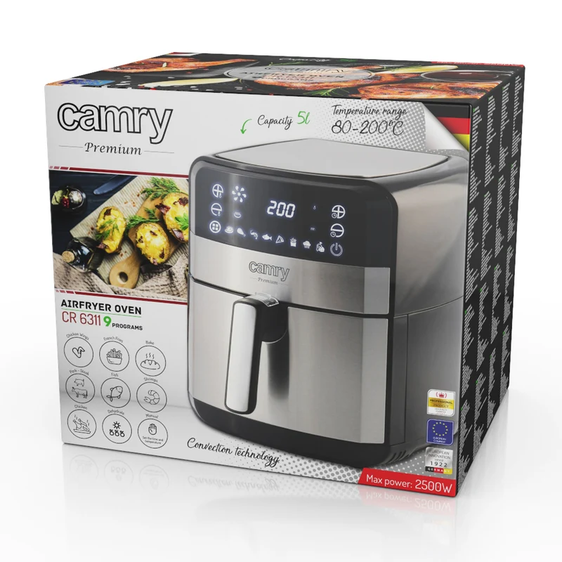 Oil-free fryer, 9 programs, 5.0 L, Airfryer, Camry CR 6311 + paper inserts for fryer, 16 cm, biodegradable, 100 pieces