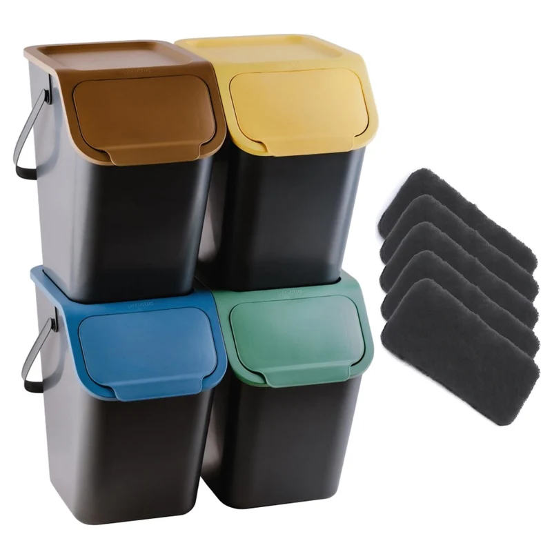 Set of 4 black BINI recycling bins with colored lids (yellow/green/blue/brown) + 5 carbon filters