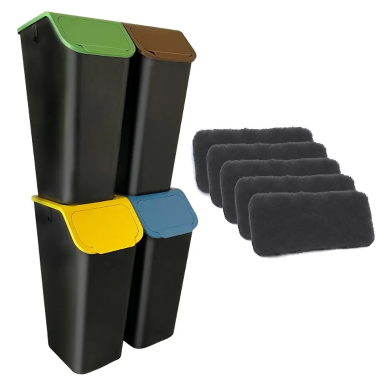 Set of 4 black BINI waste sorting bins (4 x 35L) with blue/green/yellow/brown lids + 5 carbon filters
