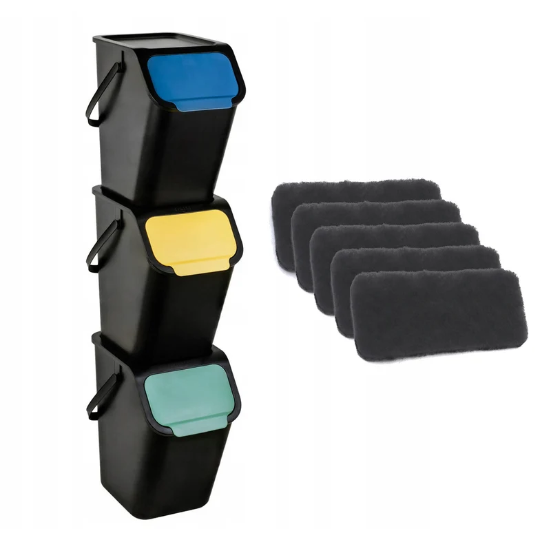 Set of 3 black BINI 25L waste sorting bins with black lids and colored flaps (blue/green/yellow) + 5 charcoal filters