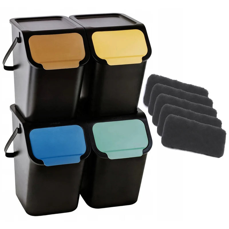 Set of 4 black BINI 25-liter containers, with black lids; flap colors: yellow, blue, green, brown + 5 carbon filters