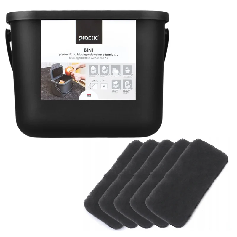 Bini Practic 6L Black Organic Waste Bin + 5x Practic Charcoal Filters