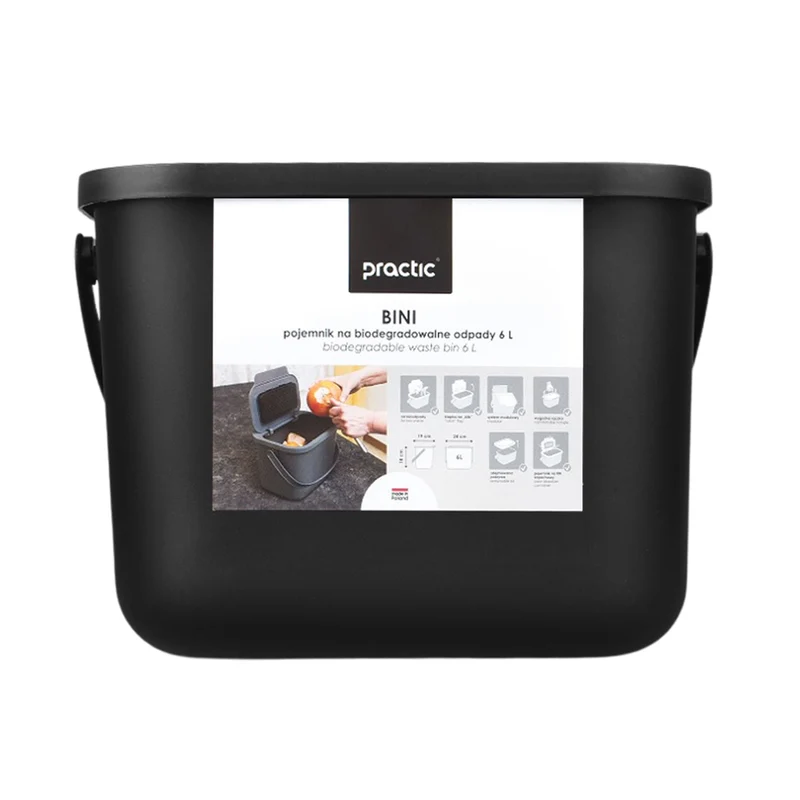 Bini Practic 6L Black Organic Waste Bin + 5x Practic Charcoal Filters