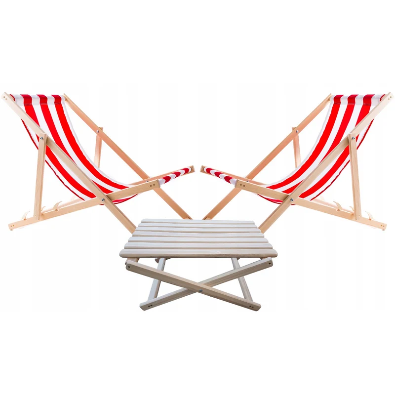 Set of 2 beach chairs, red stripes + wooden coffee table Woodok