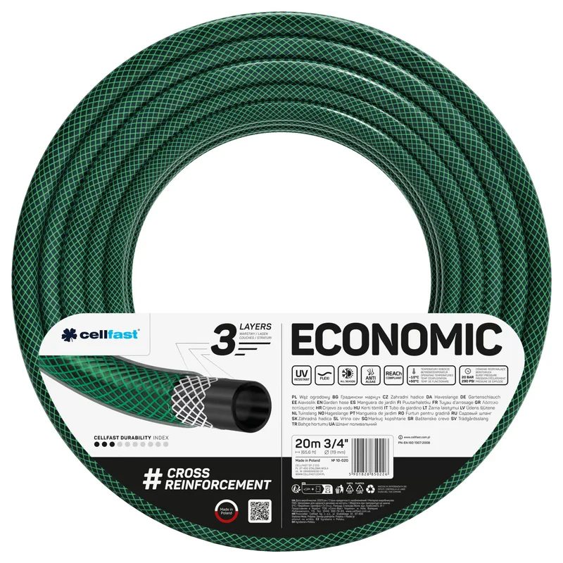 Cellfast Economic 3/4" 20m Garden Hose + Spray Gun + 3/4" Female Threaded Connector + 3/4" Straight and Stop Quick-Connect Fittings