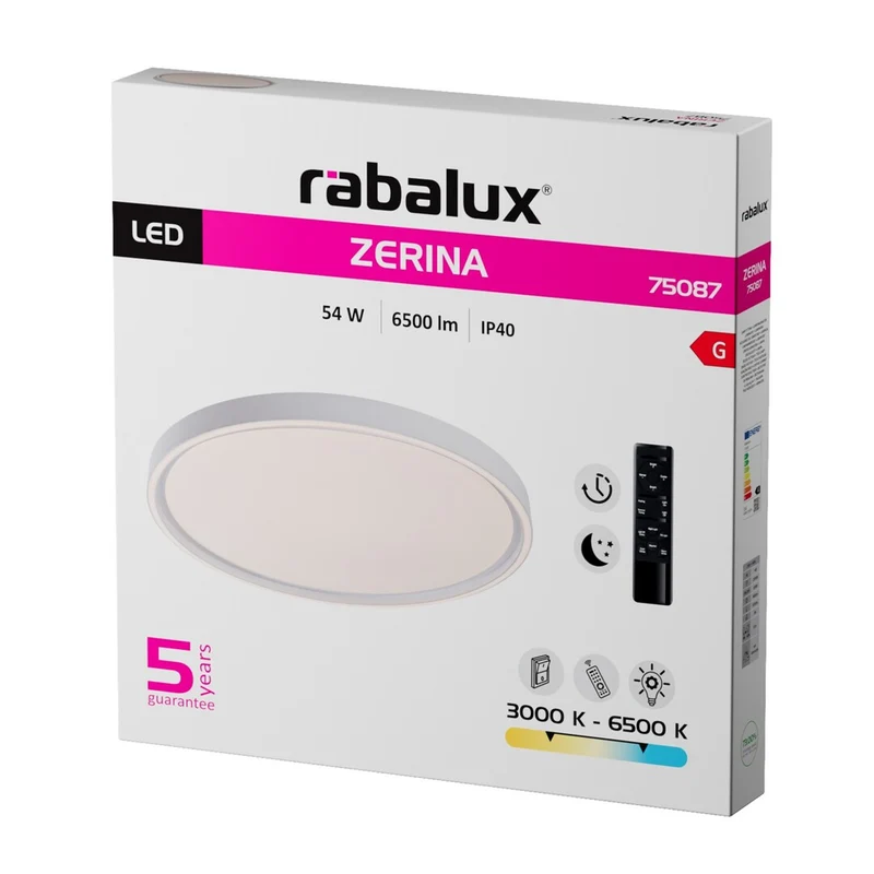 Rabalux Zerina Ceiling Light, 54W, IP40, white, 3000–6500 K, memory function, with remote control, timer function, night light effect, 75087
