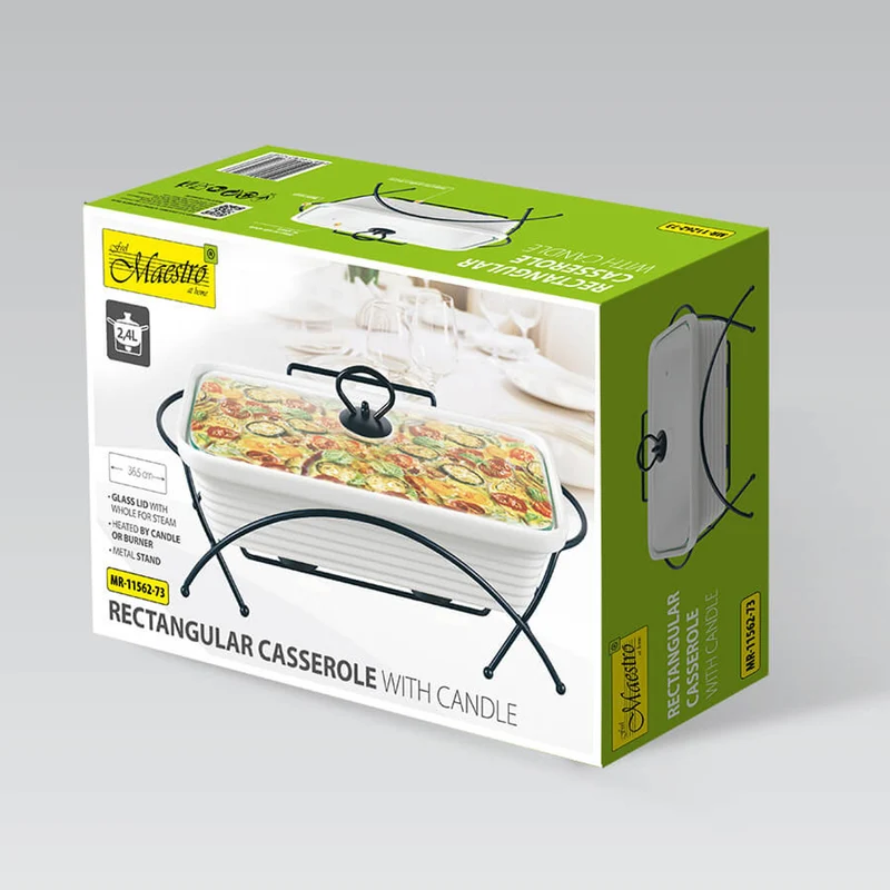 Maestro ceramic food warmer, rectangular, white color, capacity 2.4L, can be used in the oven, rack and lid with handle included, MR-11562-73