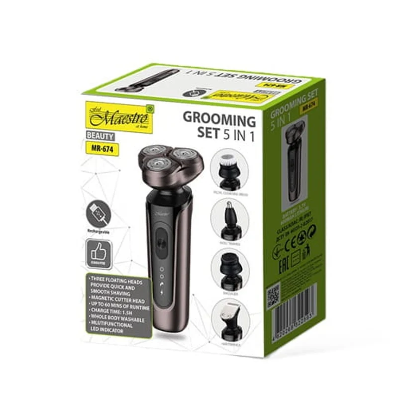Maestro 5-in-1 shaving kit, shaver, nose trimmer, face brush, massage tip, hair trimmer, waterproof case, run time up to 60 minutes, MR-674