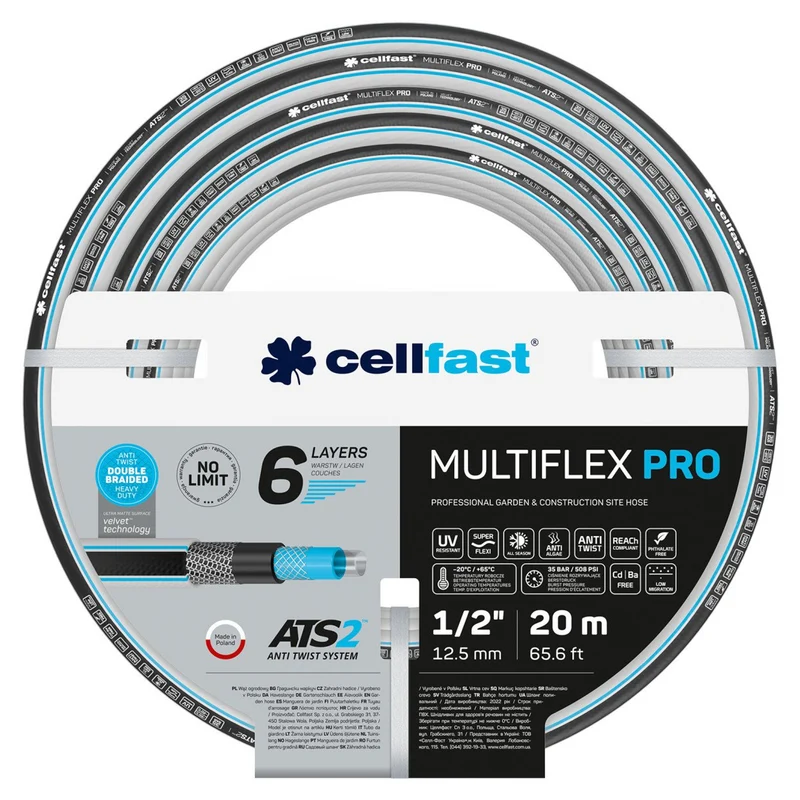 CELLFAST MULTIFLEX PRO Garden Water Hose 20m 6-Layer 1/2" ATS2 UV Resistant Anti Algae