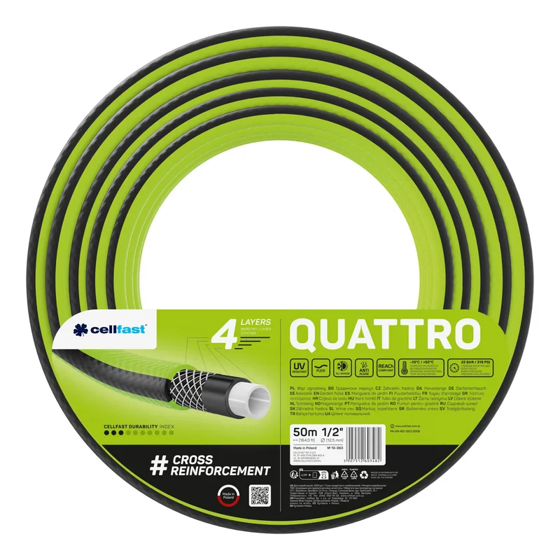 Cellfast Aluplus 1/2" 60m Hose Cart + Cellfast Quattro 1/2" 50m Garden Hose + Set with Cellfast Basic 1/2" Straight Sprinkler