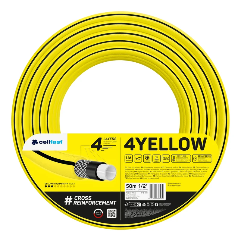 Cellfast Aluplus 1/2" 60m Hose Cart + Cellfast 4YELLOW 1/2" 50m Garden Hose + Set with Cellfast Basic 1/2" Straight Sprinkler