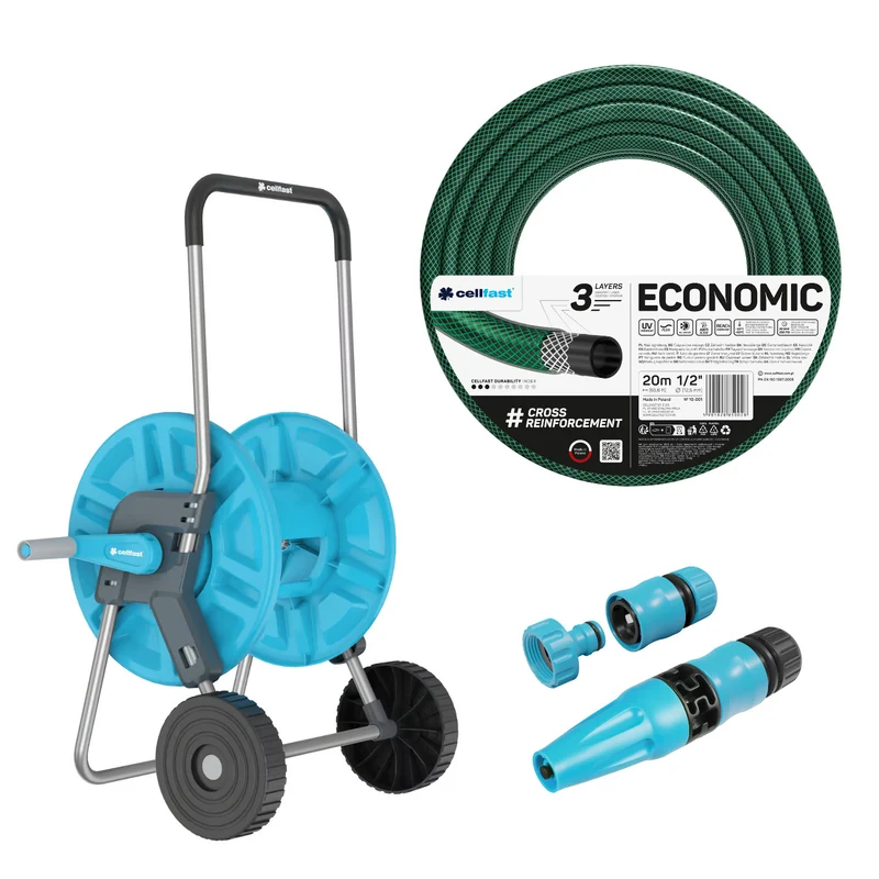 Cellfast Aluplus 1/2" 60m Hose Cart + Cellfast Economic 1/2" 20m Garden Hose + Set with Cellfast Basic 1/2" Straight Sprinkler