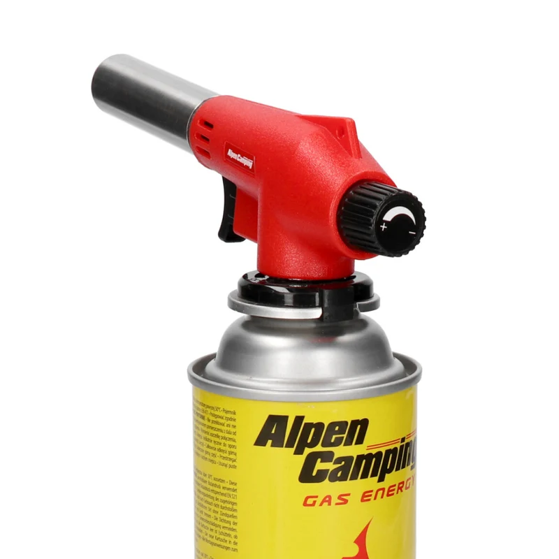 Alpen Camping cartridge burner, flame temperature 1350 degrees C., piezo ignition, flame control, VULCANO + 4 cartridges