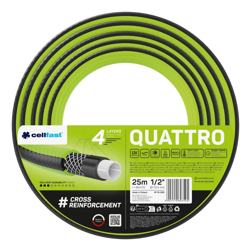 Cellfast Quattro 1/2" 25m Garden Hose + Cellfast Gray Hose Hanger + Cellfast Basic 1/2" Straight Sprinkler Set