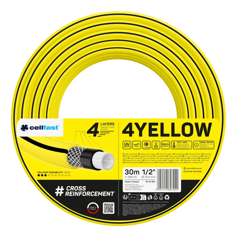 Cellfast 4YELLOW 1/2" 30m Garden Hose + Cellfast Gray Hose Hanger + Cellfast Basic 1/2" Straight Sprinkler Set