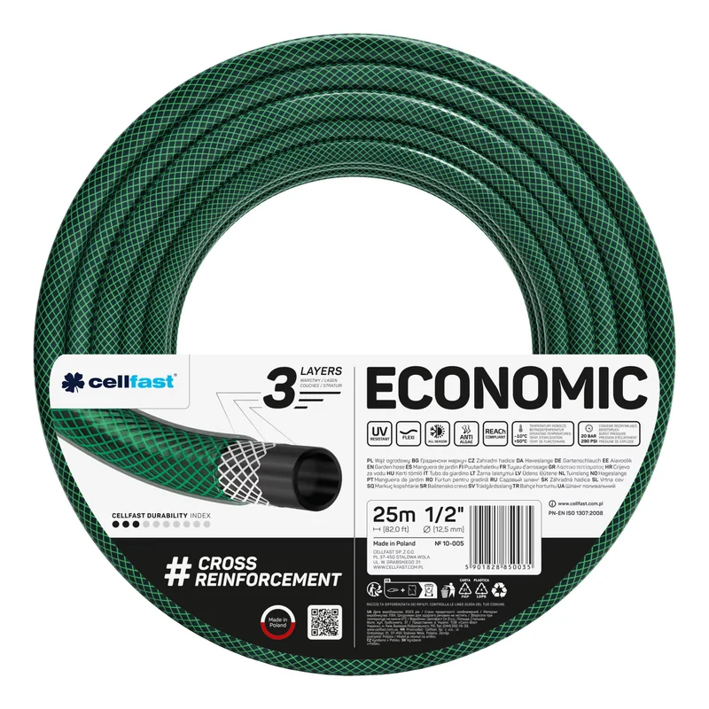 Cellfast Economic 1/2" 25m Garden Hose + Cellfast Gray Hose Hanger + Cellfast Basic 1/2" Straight Sprinkler Set