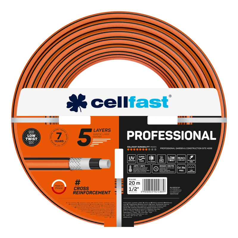 Cellfast Garden Hose, PROFESSIONAL 1/2" 20 m + Cellfast Gray Hose Hanger + Cellfast Basic 1/2" Straight Sprinkler Set