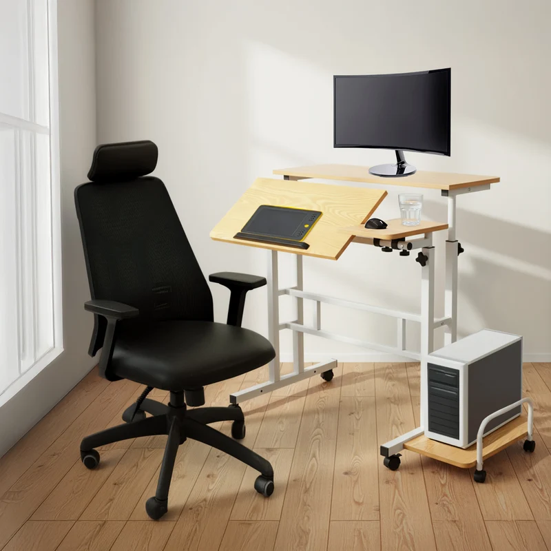 Maclean mobile laptop table desk, white, top 80x60cm, 50kg max, height adjustment 67-115cm , MC-124 W