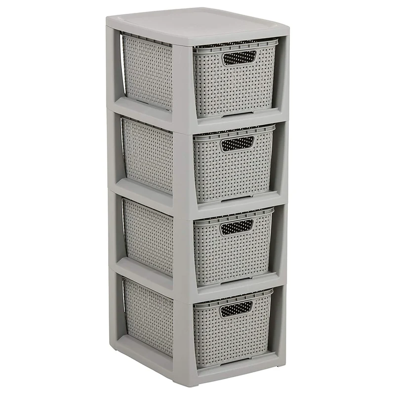 BranQ Rattan Rack with 4 Baskets Drawers with a Capacity of 7 Liters Storage Color Gray