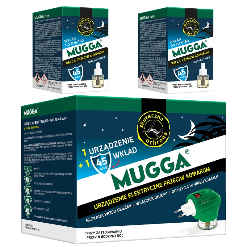Electric device with Mugga 45 night mosquito refill 35ml + 2x Mugga 45 night mosquito liquid refill 35ml