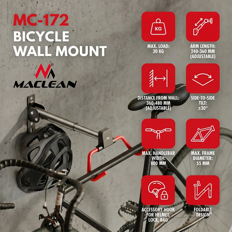 Maclean Horizontal Wall-Mounted Bike Rack, steel, max. load 30 kg, adjustable angle, MC-172, 2 pieces