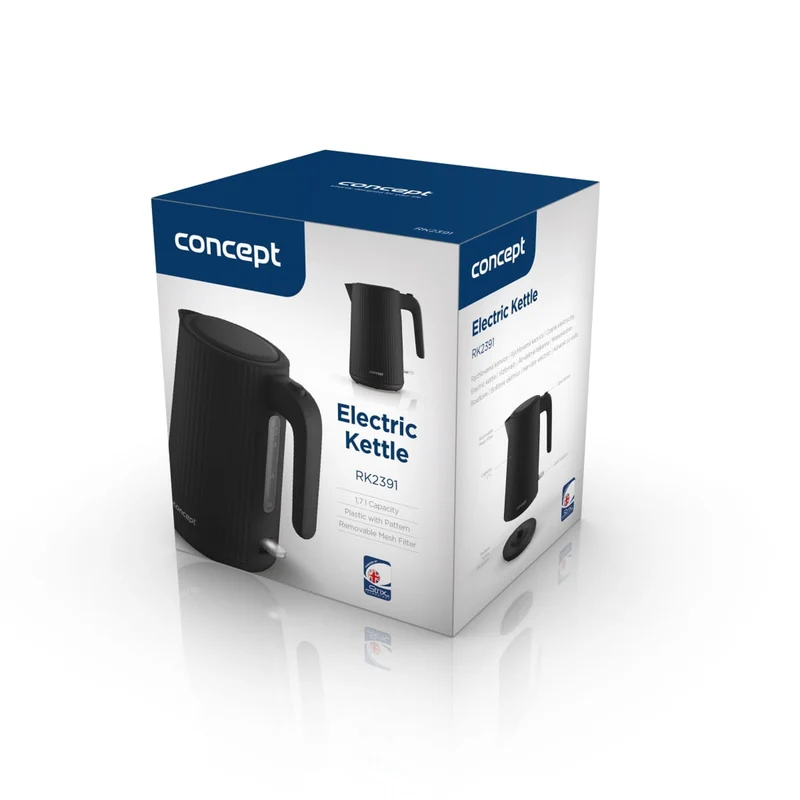 Concept plastic electric kettle, 1.7L, fluted design, triple safety system, sediment filter, water level indicator, black, RK2391
