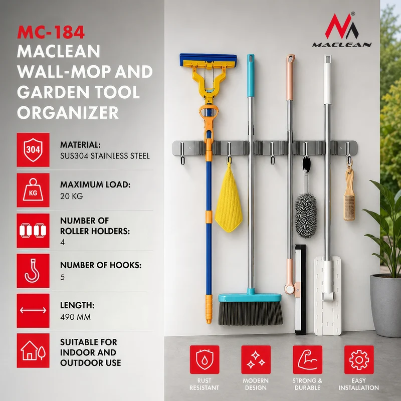 Maclean Wall-Mounted Organizer for Garden Tools and Mops, Steel, with Hooks, Max. Load 20 kg, Width 49 cm, MC-184
