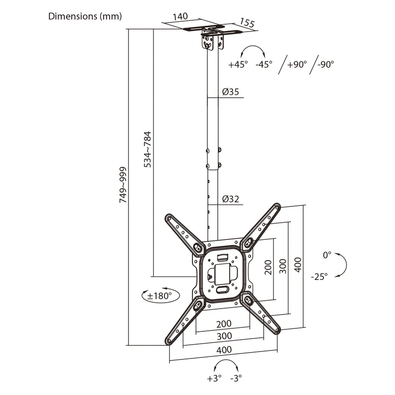 Maclean Ceiling Mount for TV, max. load 35 kg, 23–55", max. VESA 400x400, MC-174