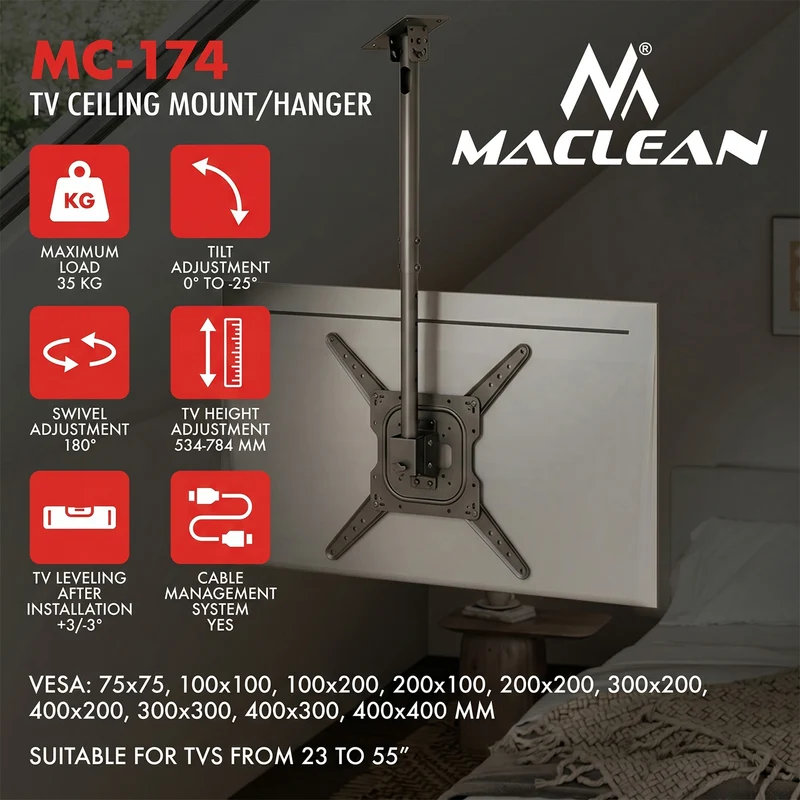 Maclean Ceiling Mount for TV, max. load 35 kg, 23–55", max. VESA 400x400, MC-174