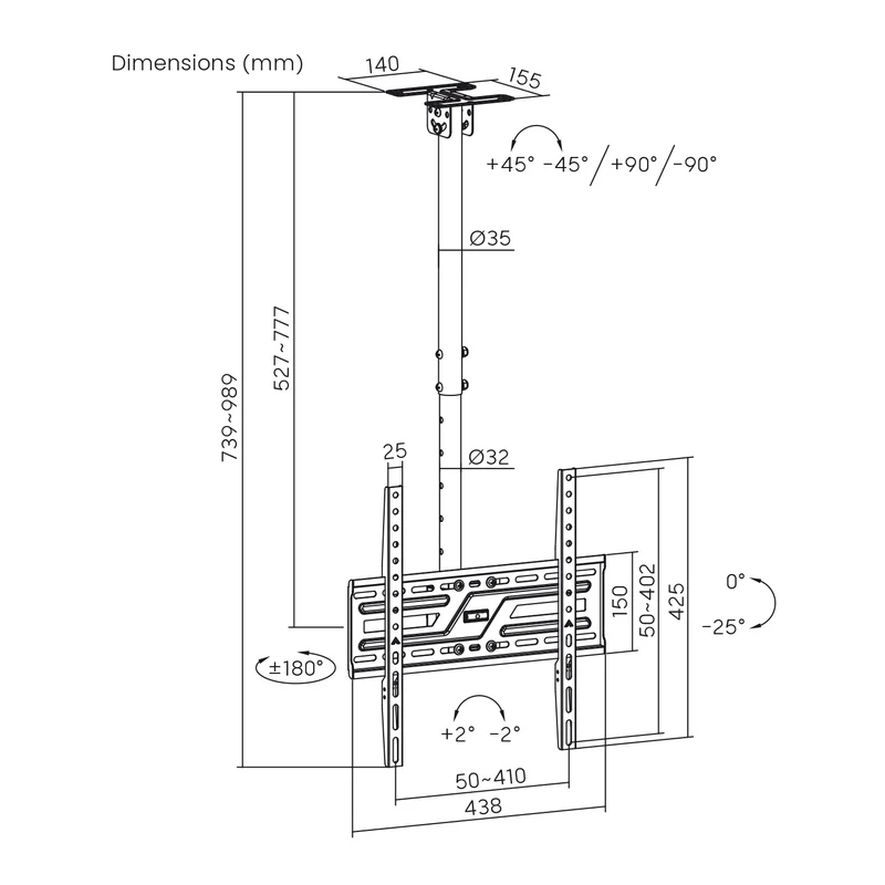 Maclean Ceiling Mount for TV, max. load 50 kg, 37–75", max. VESA 400x400, MC-175