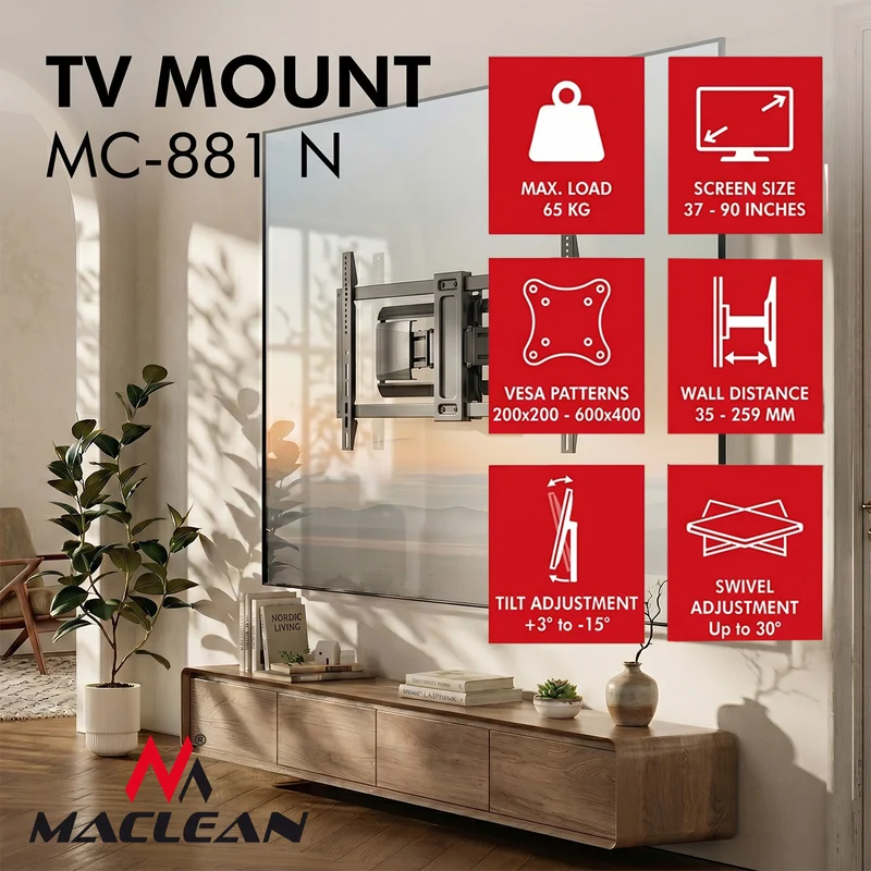 Maclean TV Mount / Bracket, max. VESA 600x400, 37-90", max. load 65 kg, black, MC-881 N