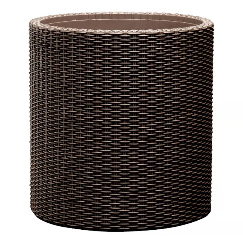 Keter Round Planter Rattan Style - Size L - 43.7cm Diameter Brown Cylinder Flower Pot Indoor Outdoor Weatherproof